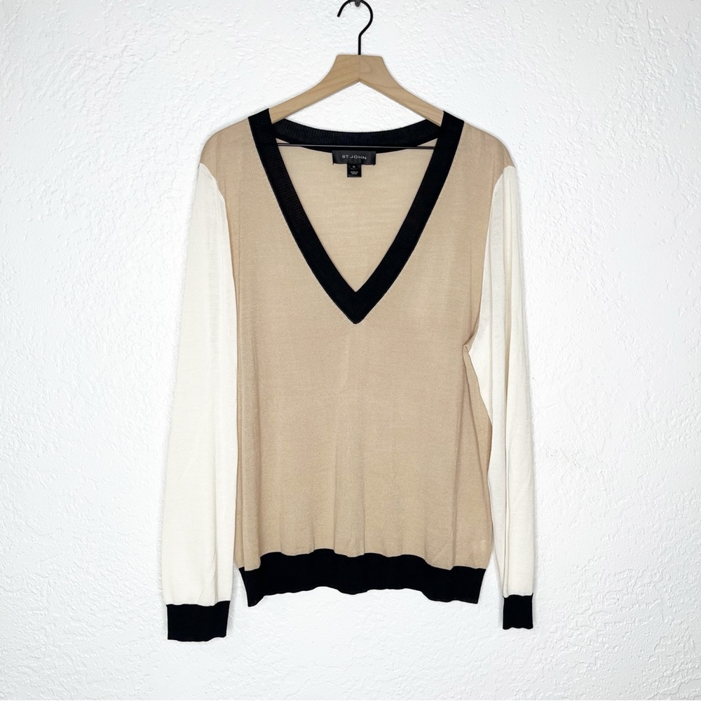 ST. JOHN Color Block V-neck Sweater Merino Wool Blend Size XL